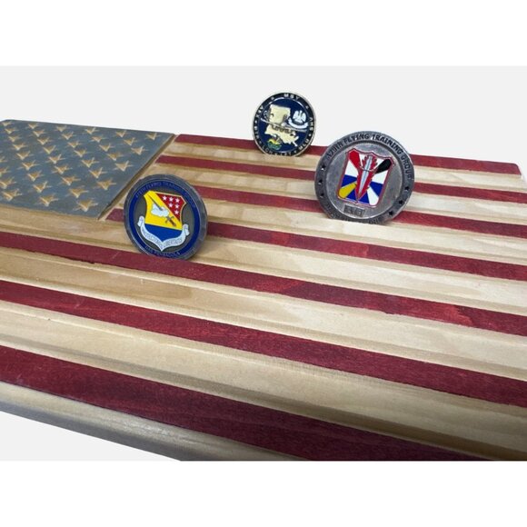 Wooden American Flag Desktop Display Stand For Challenge Coins Military NEW - Picture 2 of 4